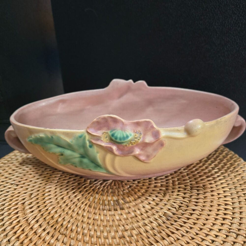 Vintage Roseville Poppy Center Console Bowl Blush Pink & Yellow 1930s